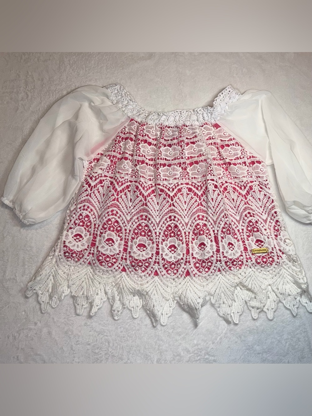 NWT‎ Denimland Pink & White Lace Peasant Top with Sheer Chiffon Sleeves Boho - S